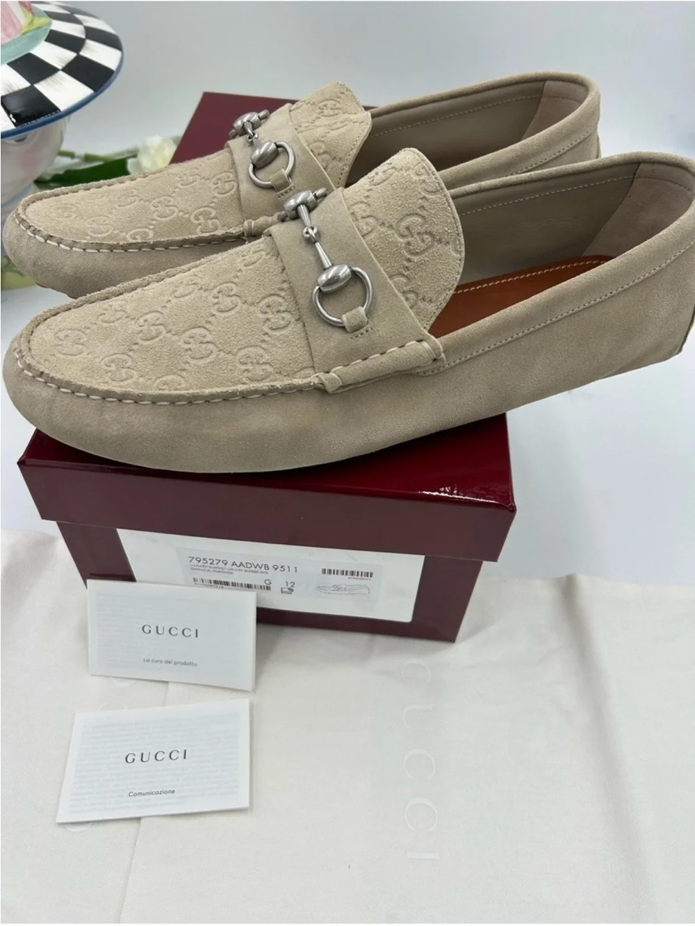 Men’s Gucci GG embossed suede driver loafers size 12 fits 13 US made in Italy